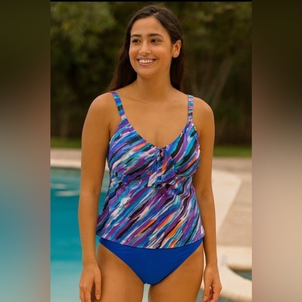 Swimsuits for All Women's Blue Pink Swirl Tankini Top 18 GUC #634